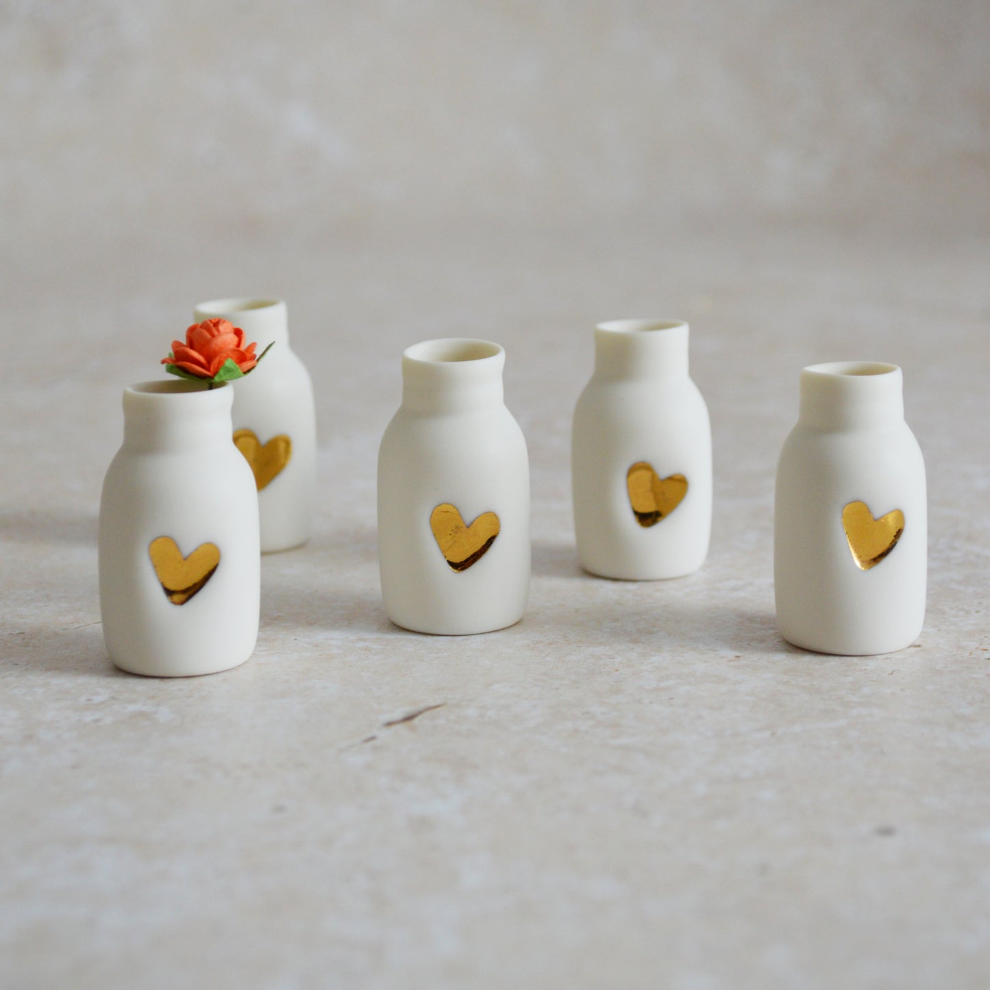 Seconds* Mini Bottle with An Embossed Gold Heart and Paper Rose | Valentine's Gifts | Porcelain (B3)