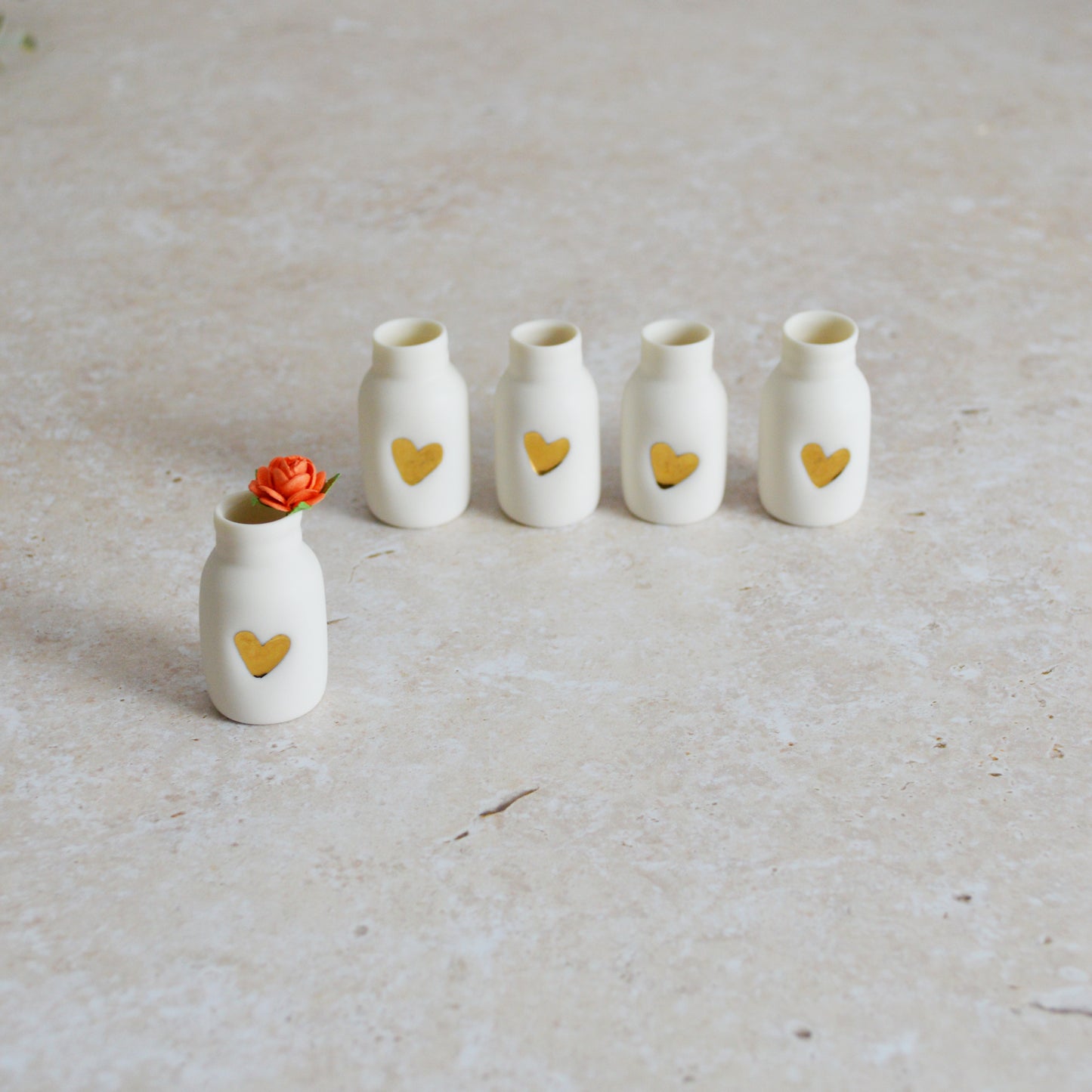 Seconds* Mini Bottle with An Embossed Gold Heart and Paper Rose | Valentine's Gifts | Porcelain (B3)