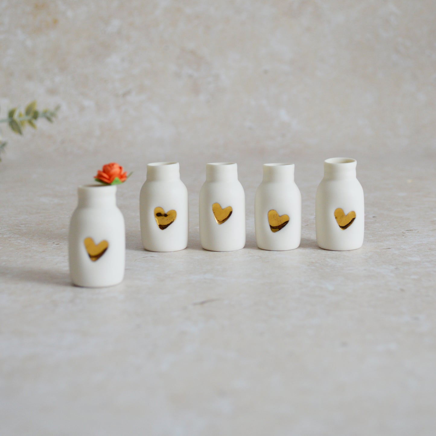 Seconds* Mini Bottle with An Embossed Gold Heart and Paper Rose | Valentine's Gifts | Porcelain (B3)