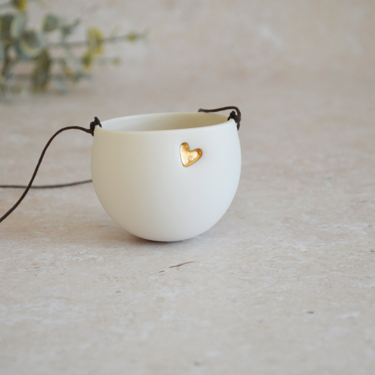 Seconds* Discontinued* Small Hanging Planter with a Gold Embossed Heart and Brown String for Hanging | Porcelain | Hanging Planter (B40)