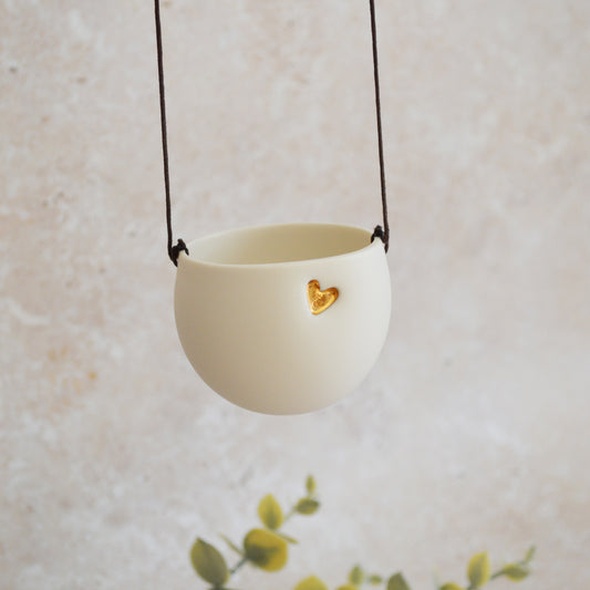 Seconds* Discontinued* Small Hanging Planter with a Gold Embossed Heart and Brown String for Hanging | Porcelain | Hanging Planter (B40)