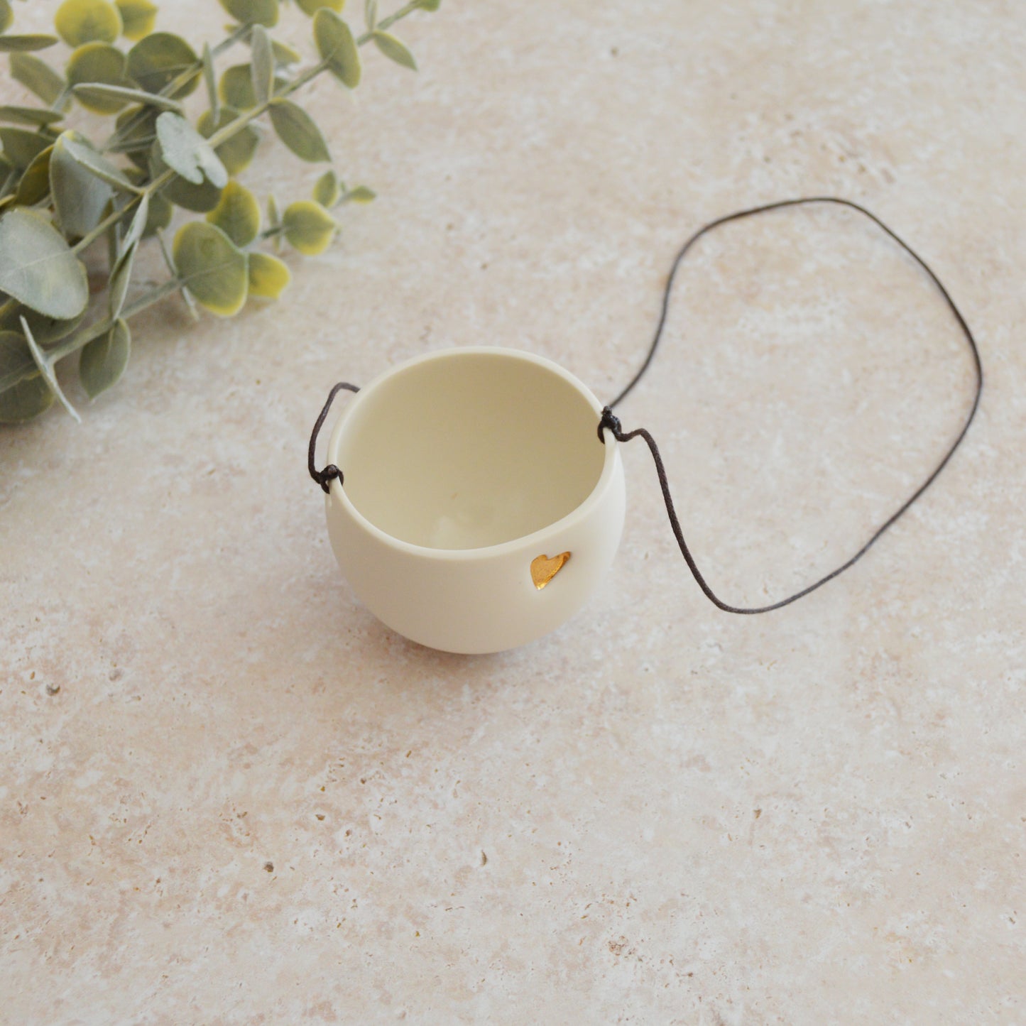 Seconds* Discontinued* Small Hanging Planter with a Gold Embossed Heart and Brown String for Hanging | Porcelain | Hanging Planter (B40)