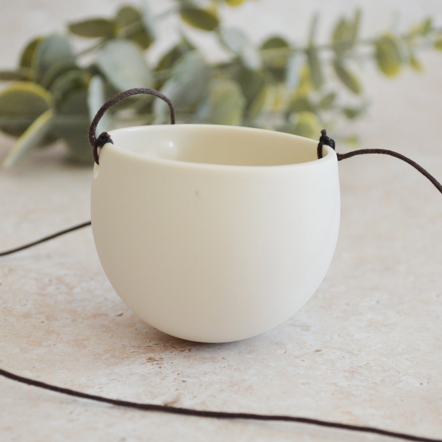 Seconds* Discontinued* Small Hanging Planter with a Gold Embossed Heart and Brown String for Hanging | Porcelain | Hanging Planter (B40)