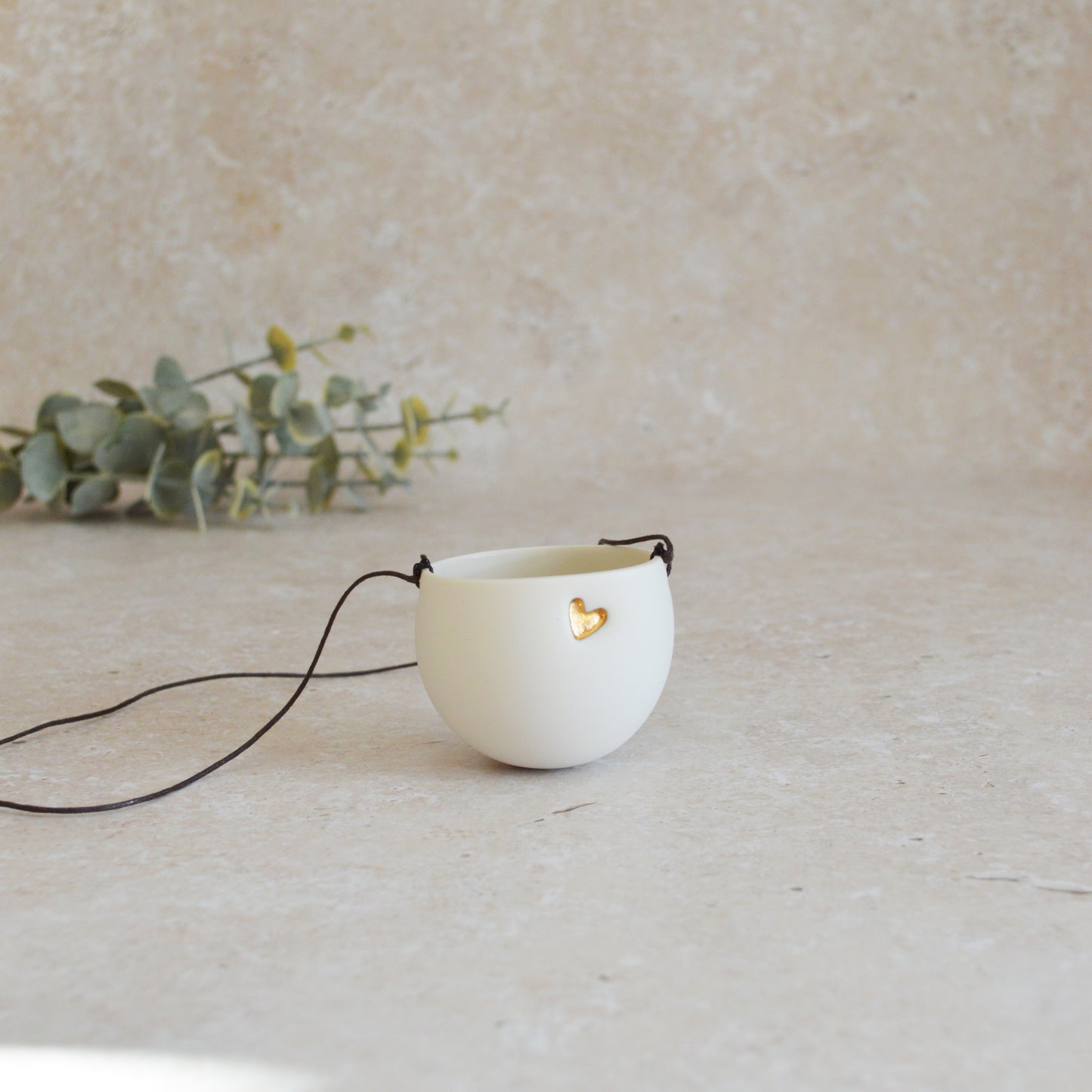 Seconds* Discontinued* Small Hanging Planter with a Gold Embossed Heart and Brown String for Hanging | Porcelain | Hanging Planter (B40)