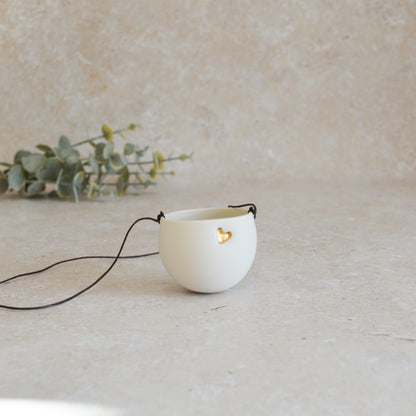 Seconds* Discontinued* Small Hanging Planter with a Gold Embossed Heart and Brown String for Hanging | Porcelain | Hanging Planter (B40)