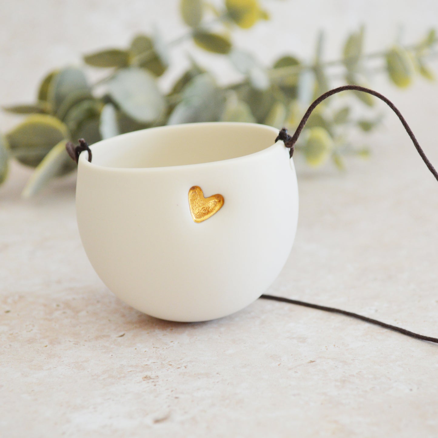 Seconds* Discontinued* Small Hanging Planter with a Gold Embossed Heart and Brown String for Hanging | Porcelain | Hanging Planter (B40)