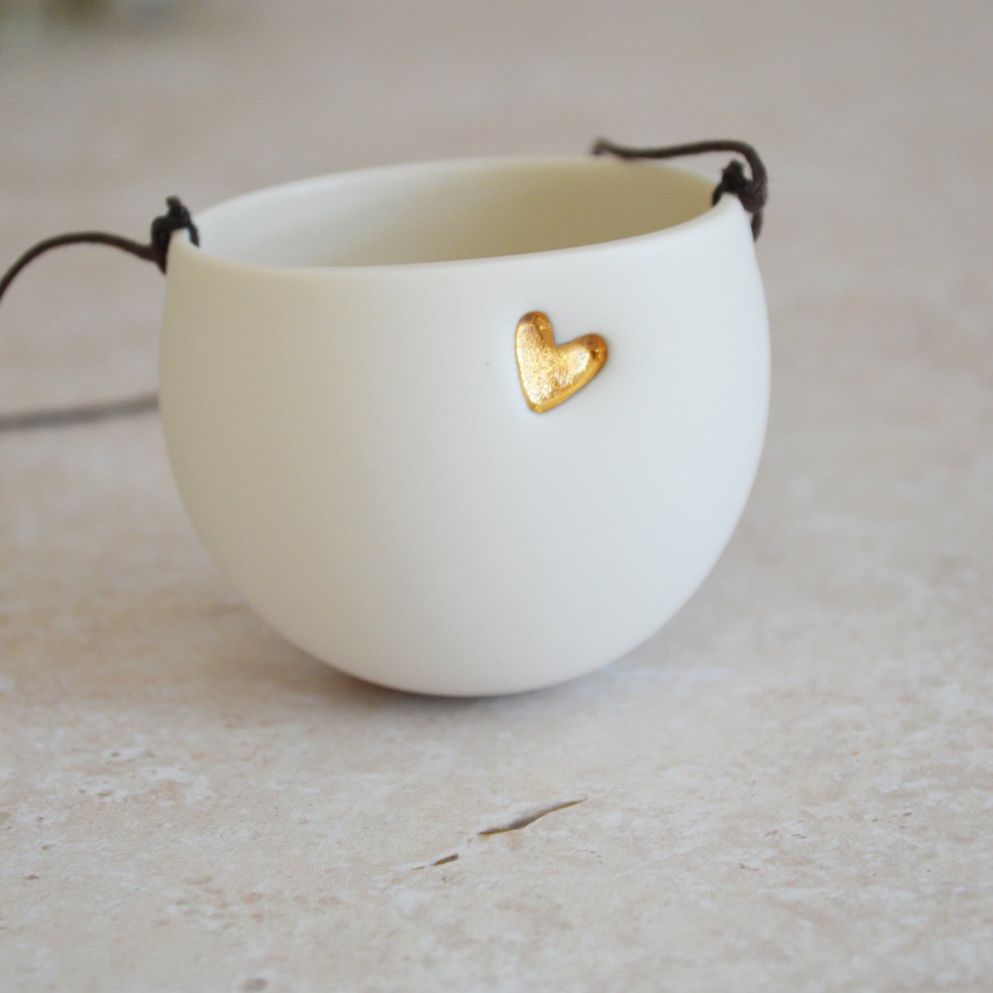 Seconds* Discontinued* Small Hanging Planter with a Gold Embossed Heart and Brown String for Hanging | Porcelain | Hanging Planter (B40)