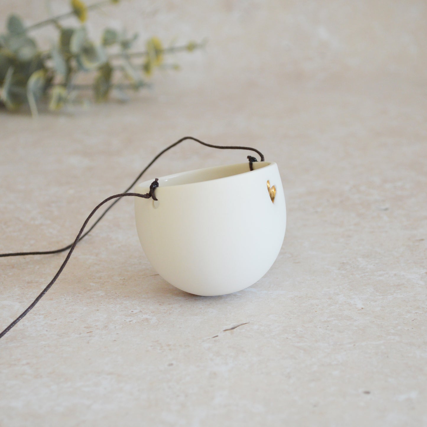 Seconds* Discontinued* Small Hanging Planter with a Gold Embossed Heart and Brown String for Hanging | Porcelain | Hanging Planter (B40)