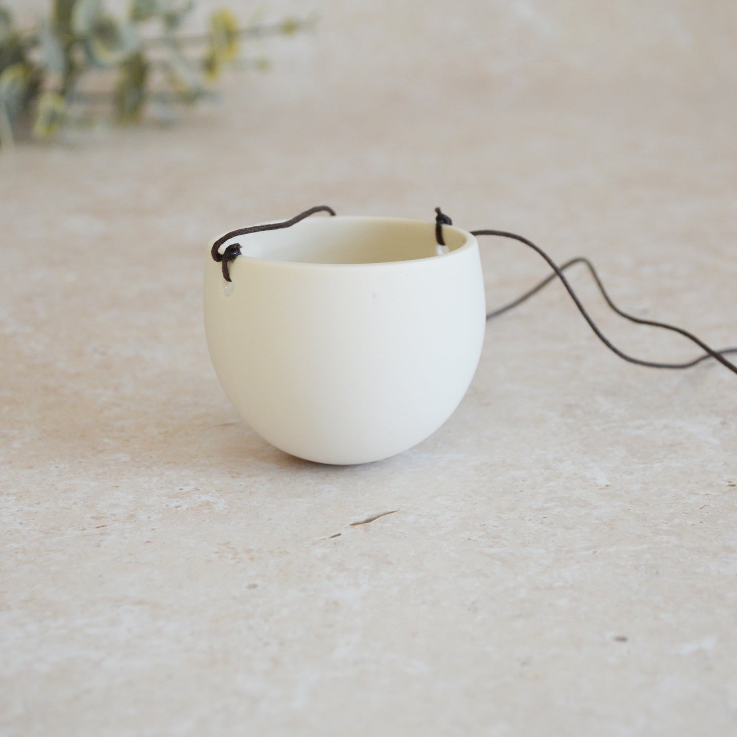 Seconds* Discontinued* Small Hanging Planter with a Gold Embossed Heart and Brown String for Hanging | Porcelain | Hanging Planter (B40)