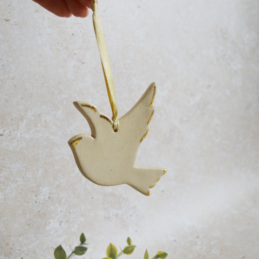 Sample* Stoneware Dove | Glazed Cream | Hanging Decoration | Christmas Decor | Tree Ornament (B41)
