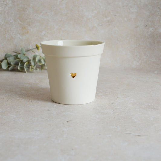 Discontinued* Seconds* Small Flower Pot With A Gold Heart Made From Porcelain | Flower Pot | White Flower Pot | Porcelain (B47)