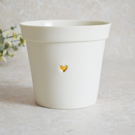 Discontinued* Seconds* Small Flower Pot With A Gold Heart Made From Porcelain | Flower Pot | White Flower Pot | Porcelain (B48)