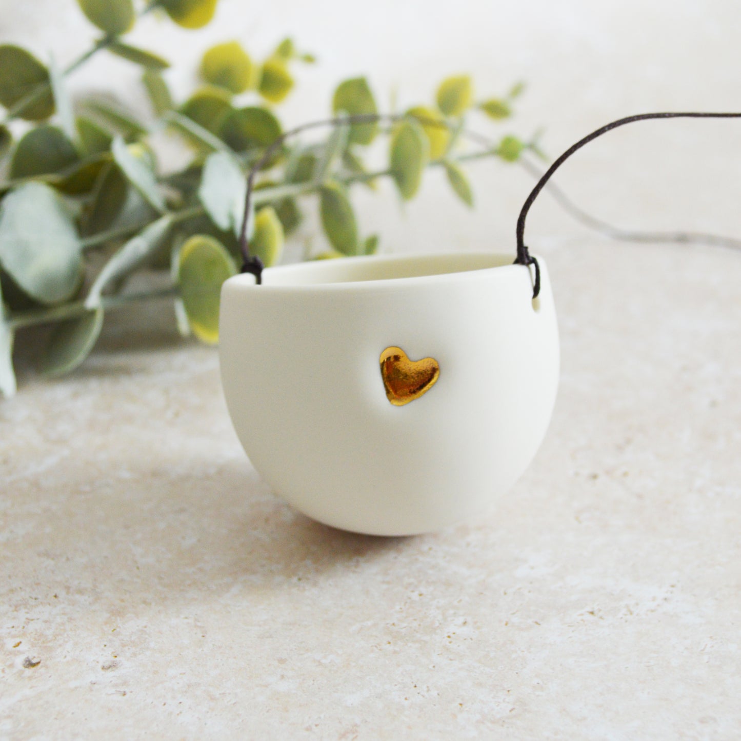 Seconds* Discontinued* Small Hanging Planter with a Gold Embossed Heart and Brown String for Hanging | Porcelain | Hanging Planter (B49)