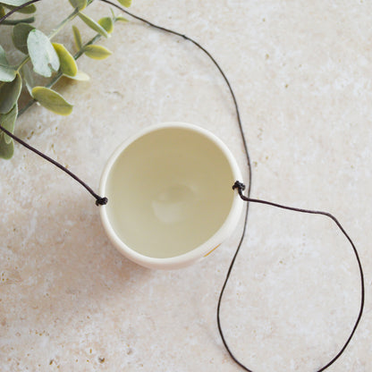 Seconds* Discontinued* Small Hanging Planter with a Gold Embossed Heart and Brown String for Hanging | Porcelain | Hanging Planter (B49)