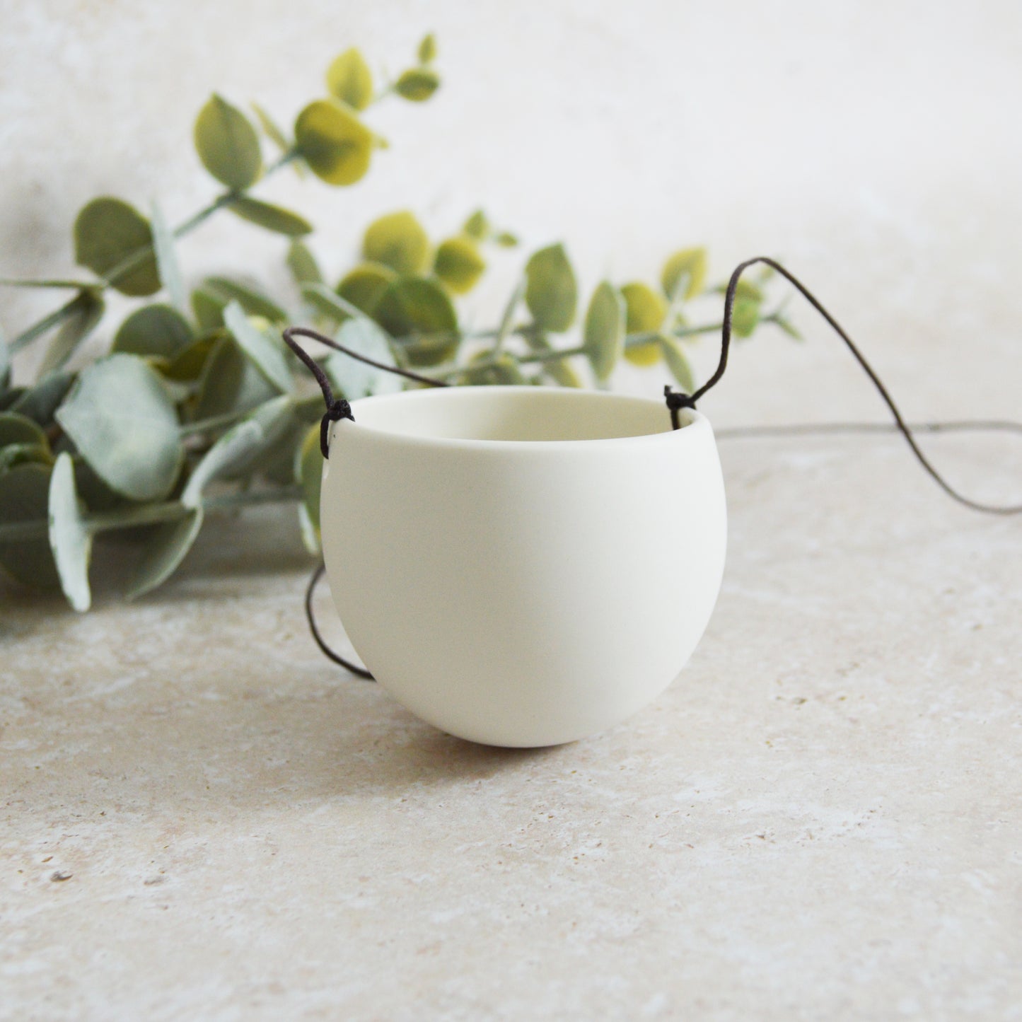 Seconds* Discontinued* Small Hanging Planter with a Gold Embossed Heart and Brown String for Hanging | Porcelain | Hanging Planter (B49)