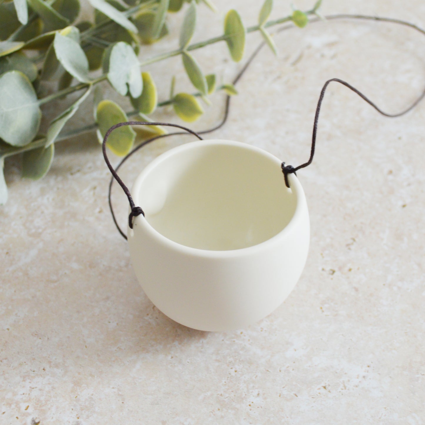 Seconds* Discontinued* Small Hanging Planter with a Gold Embossed Heart and Brown String for Hanging | Porcelain | Hanging Planter (B49)