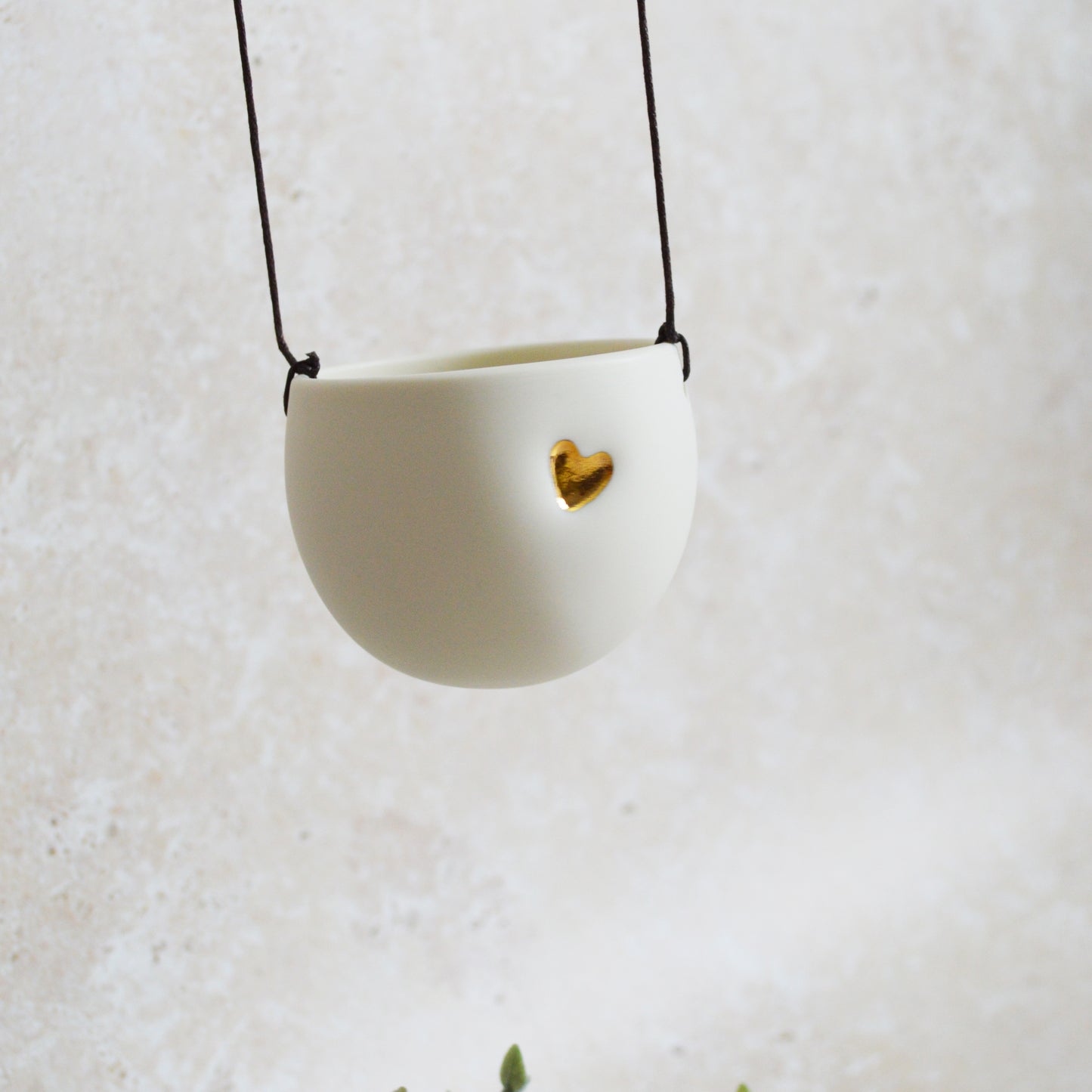Seconds* Discontinued* Small Hanging Planter with a Gold Embossed Heart and Brown String for Hanging | Porcelain | Hanging Planter (B49)