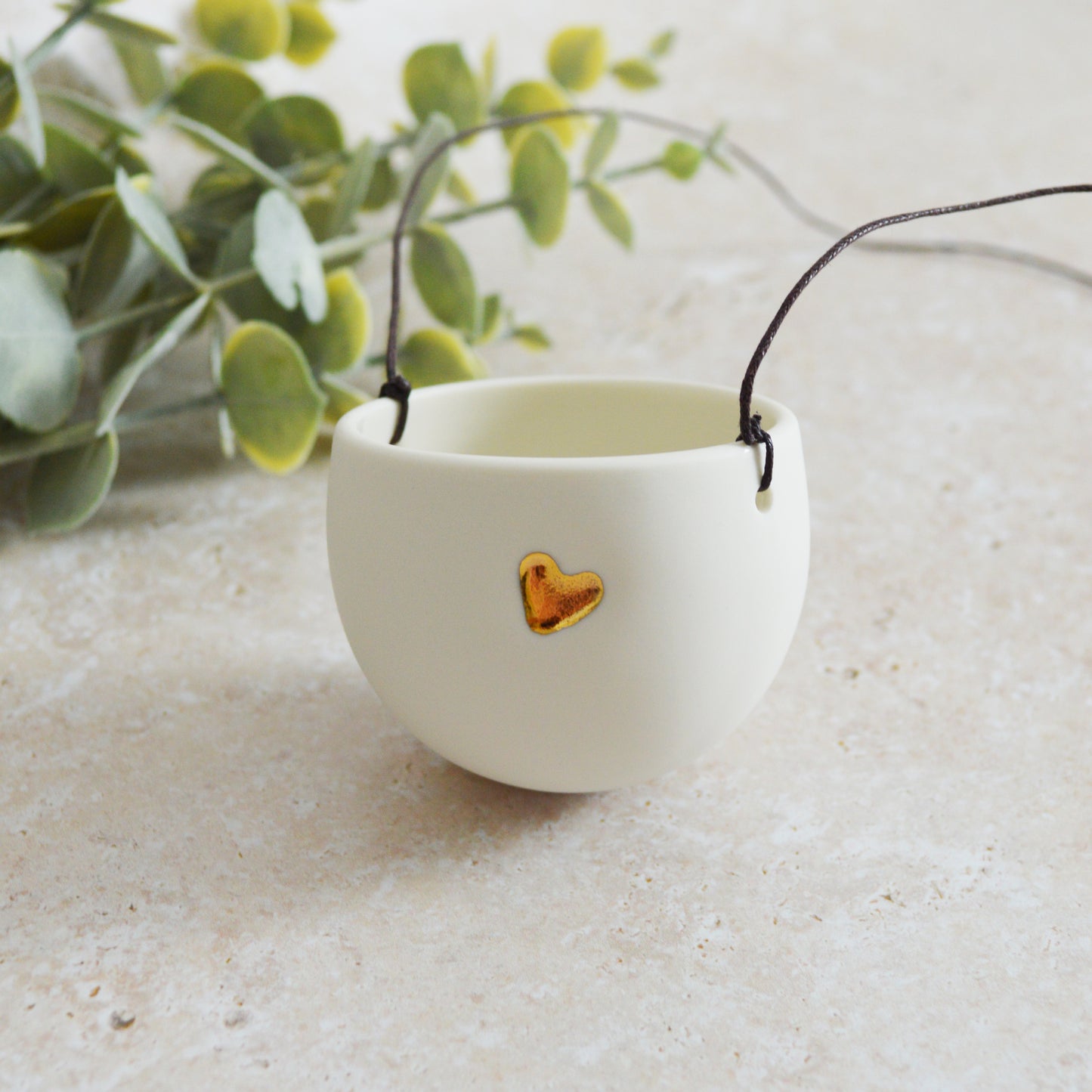Seconds* Discontinued* Small Hanging Planter with a Gold Embossed Heart and Brown String for Hanging | Porcelain | Hanging Planter (B49)