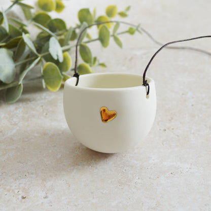 Seconds* Discontinued* Small Hanging Planter with a Gold Embossed Heart and Brown String for Hanging | Porcelain | Hanging Planter (B49)
