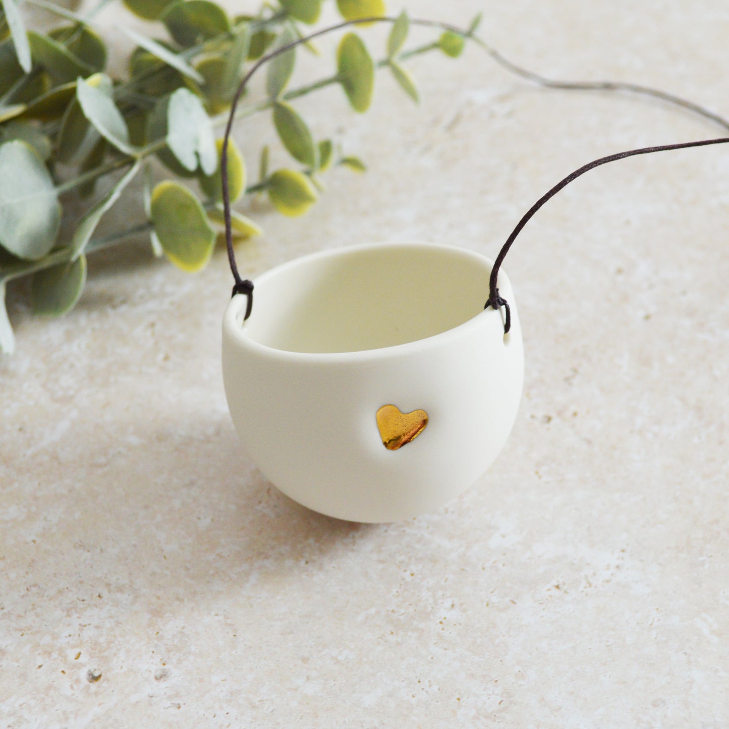 Seconds* Discontinued* Small Hanging Planter with a Gold Embossed Heart and Brown String for Hanging | Porcelain | Hanging Planter (B49)
