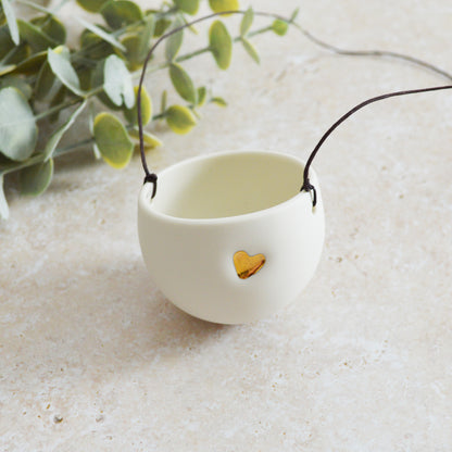 Seconds* Discontinued* Small Hanging Planter with a Gold Embossed Heart and Brown String for Hanging | Porcelain | Hanging Planter (B49)