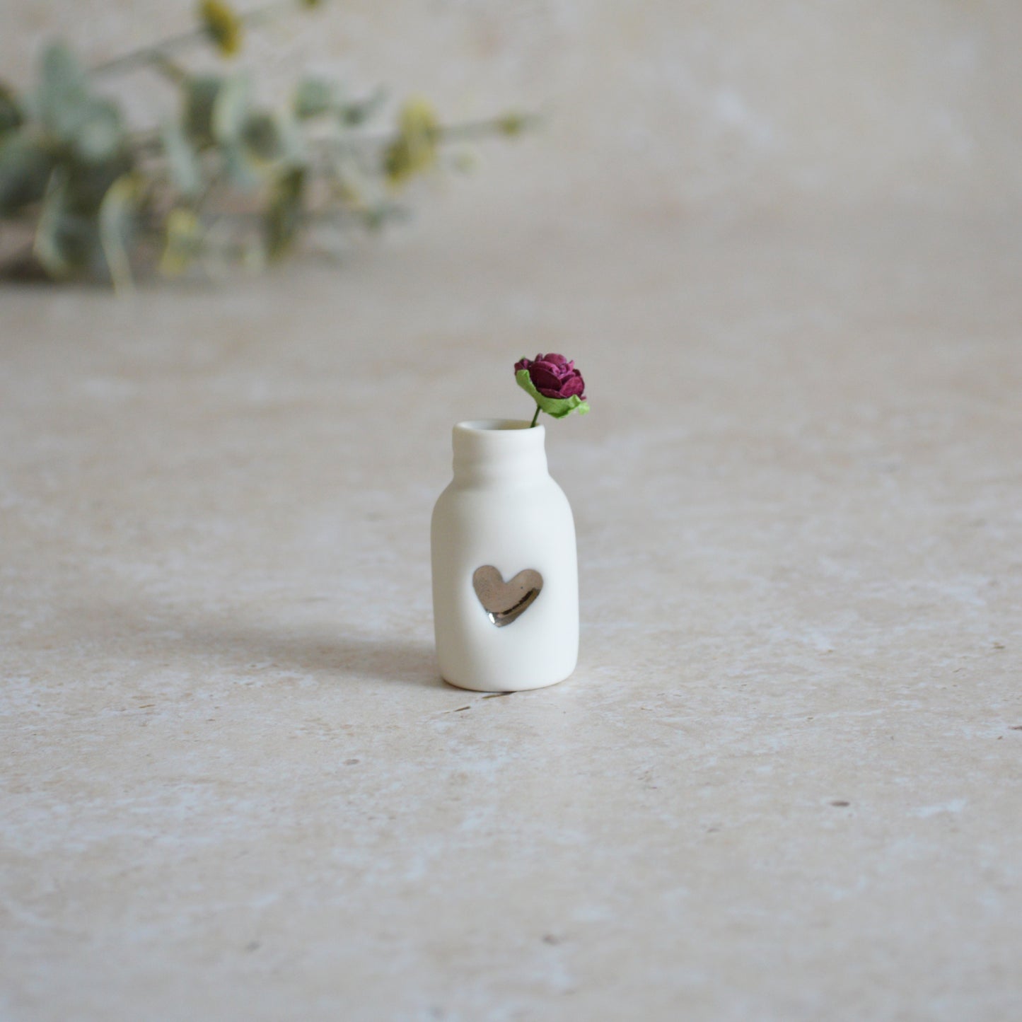 Seconds* Mini Bottle with An Embossed Silver Heart and a Maroon Paper Rose | Valentine's Gifts | Porcelain (B4)
