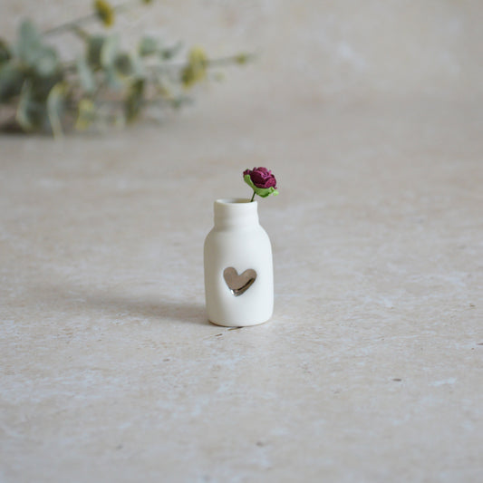 Seconds* Mini Bottle with An Embossed Silver Heart and a Maroon Paper Rose | Valentine's Gifts | Porcelain (B4)