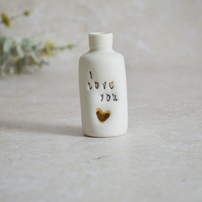 Seconds* Discontinued* I Love You Small Bottle With A Gold Heart | Porcelain | Valentines Keepsake (B50)