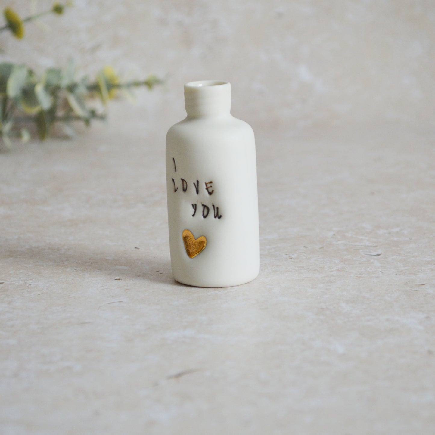 Seconds* Discontinued* I Love You Small Bottle With A Gold Heart | Porcelain | Valentines Keepsake (B50)