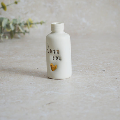 Seconds* Discontinued* I Love You Small Bottle With A Gold Heart | Porcelain | Valentines Keepsake (B50)