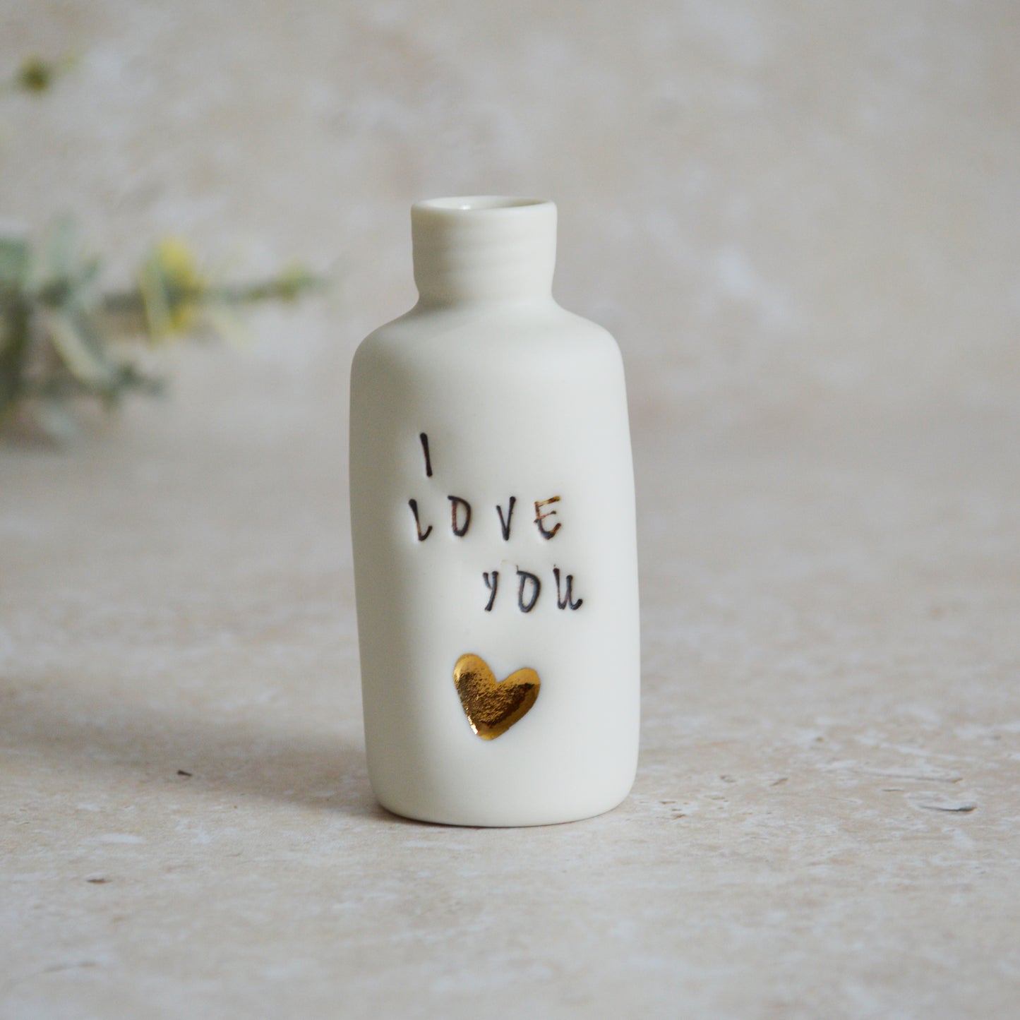 Seconds* Discontinued* I Love You Small Bottle With A Gold Heart | Porcelain | Valentines Keepsake (B50)