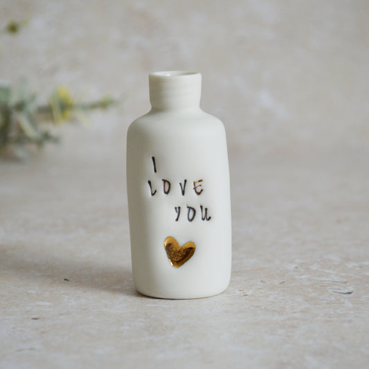 Seconds* Discontinued* I Love You Small Bottle With A Gold Heart | Porcelain | Valentines Keepsake (B50)