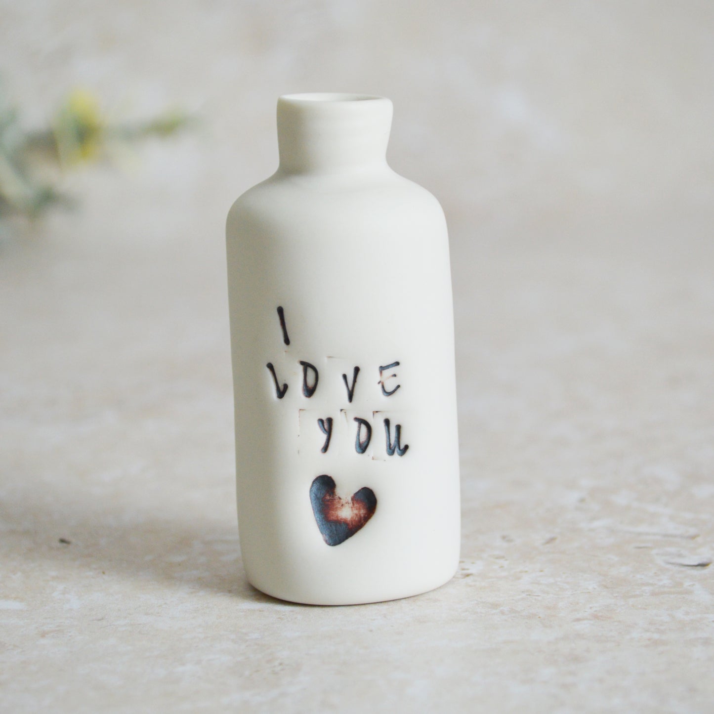 Seconds* Discontinued* I Love You Small Bottle With an Oxide Heart | Porcelain | Valentines Keepsake (B51)