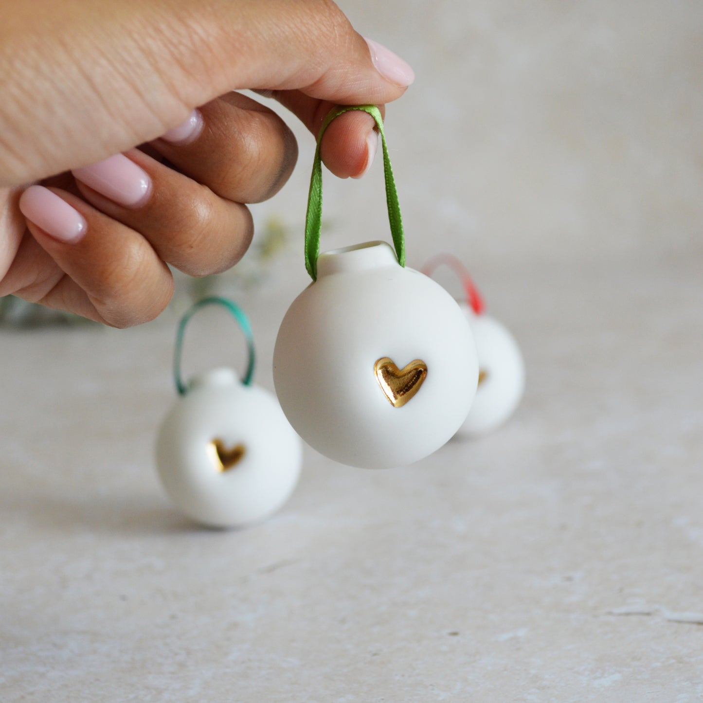 Seconds* Discontinued* Set of Three Porcelain Christmas Bauble With A Gold Embossed Heart | Christmas Decoration | Christmas Tree Decoration (B52)