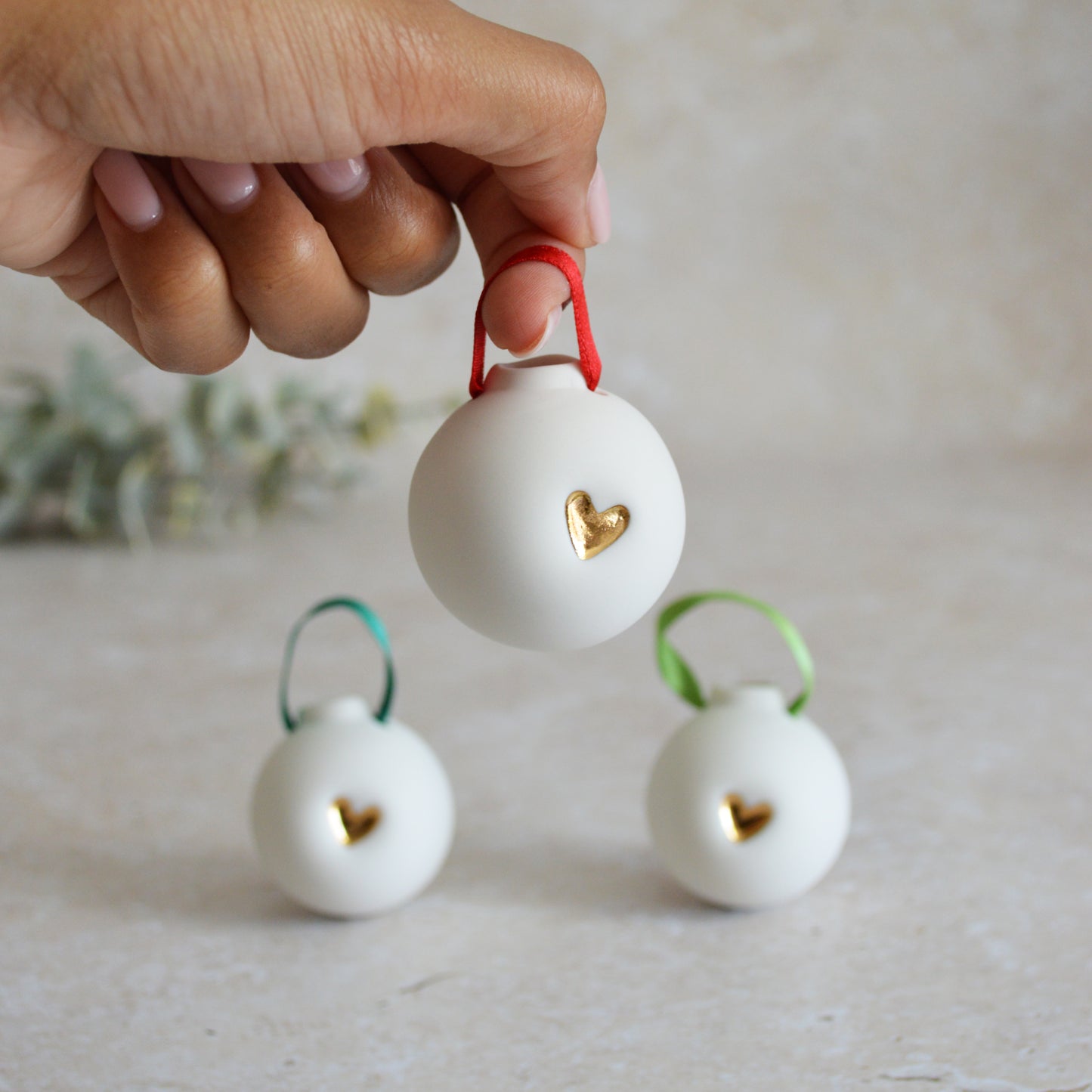 Seconds* Discontinued* Set of Three Porcelain Christmas Bauble With A Gold Embossed Heart | Christmas Decoration | Christmas Tree Decoration (B52)
