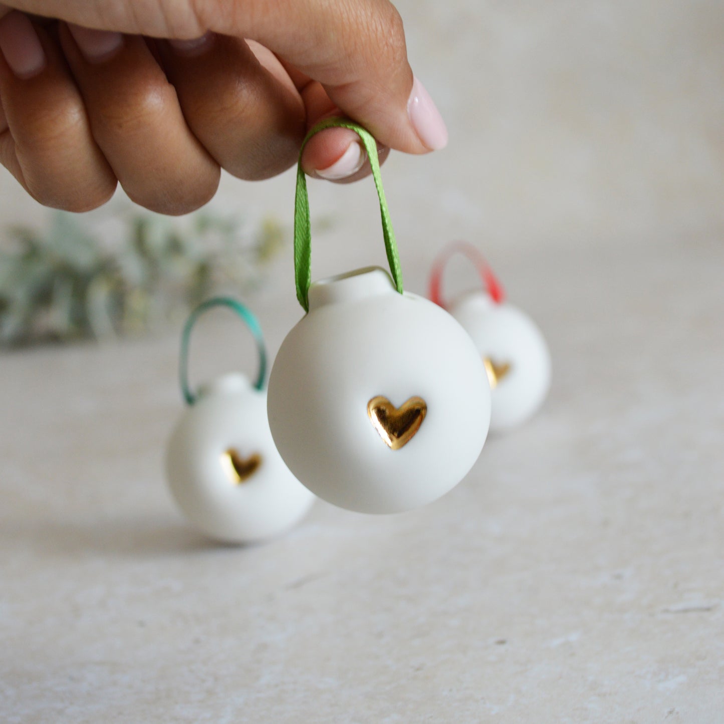 Seconds* Discontinued* Set of Three Porcelain Christmas Bauble With A Gold Embossed Heart | Christmas Decoration | Christmas Tree Decoration (B52)