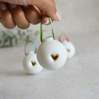 Seconds* Discontinued* Set of Three Porcelain Christmas Bauble With A Gold Embossed Heart | Christmas Decoration | Christmas Tree Decoration (B52)