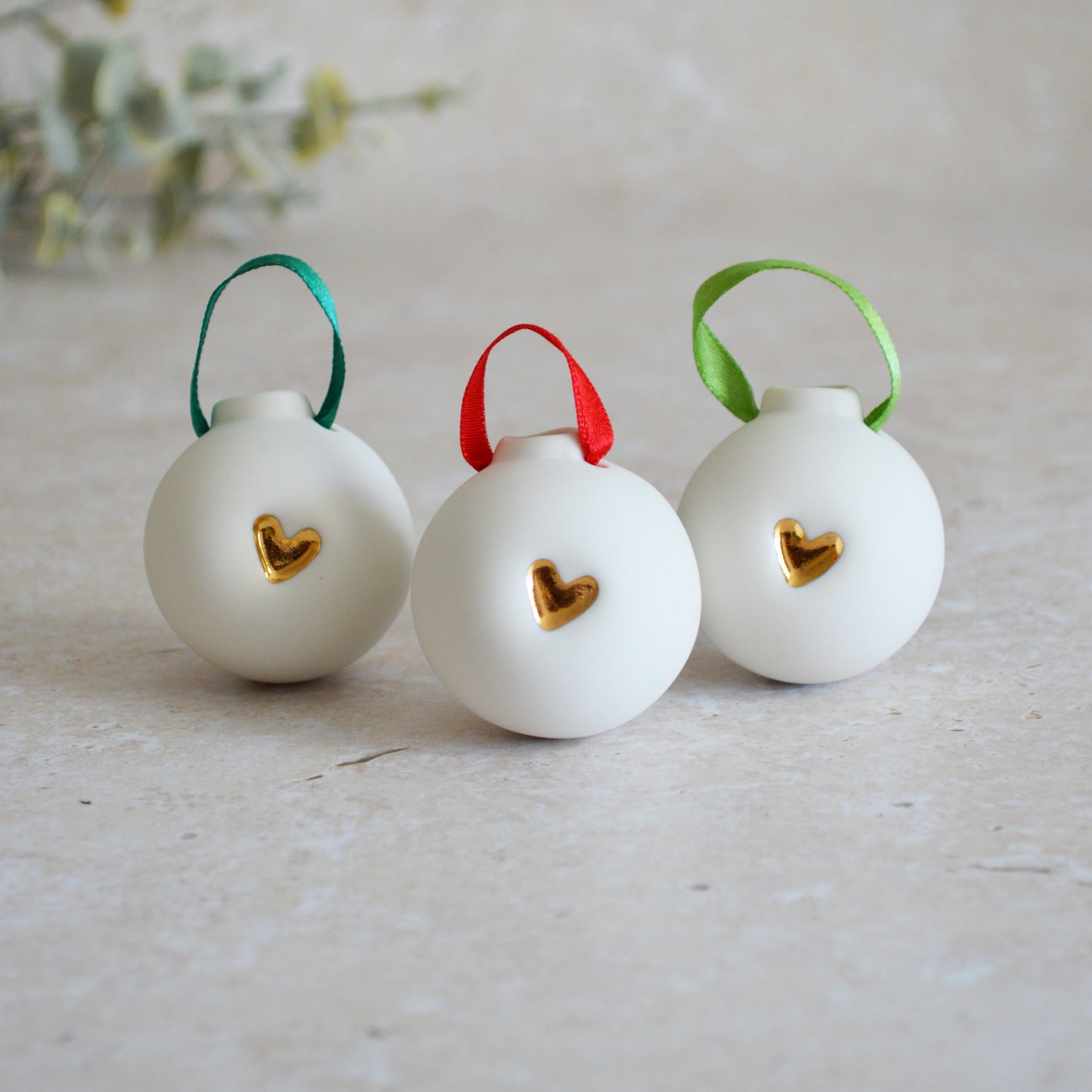 Seconds* Discontinued* Set of Three Porcelain Christmas Bauble With A Gold Embossed Heart | Christmas Decoration | Christmas Tree Decoration (B52)