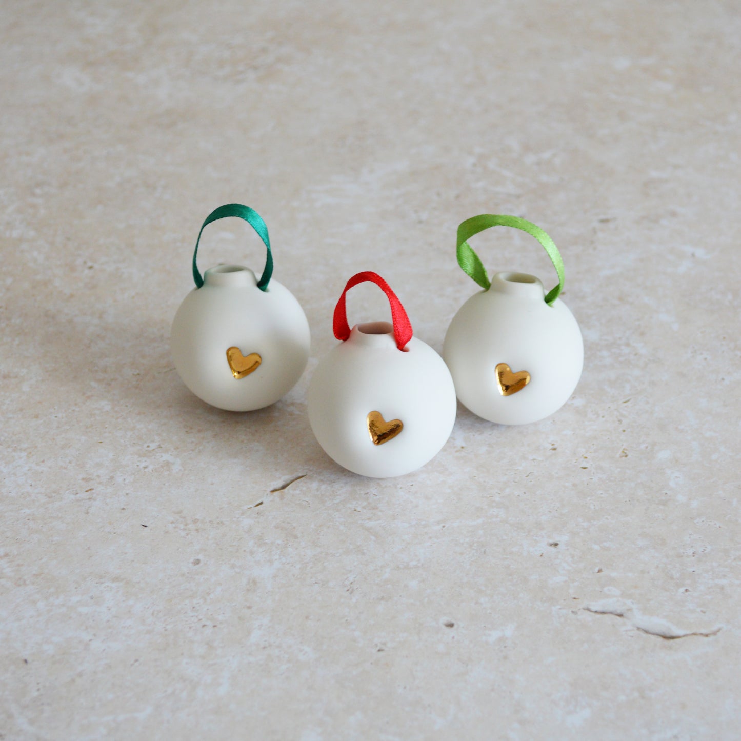 Seconds* Discontinued* Set of Three Porcelain Christmas Bauble With A Gold Embossed Heart | Christmas Decoration | Christmas Tree Decoration (B52)