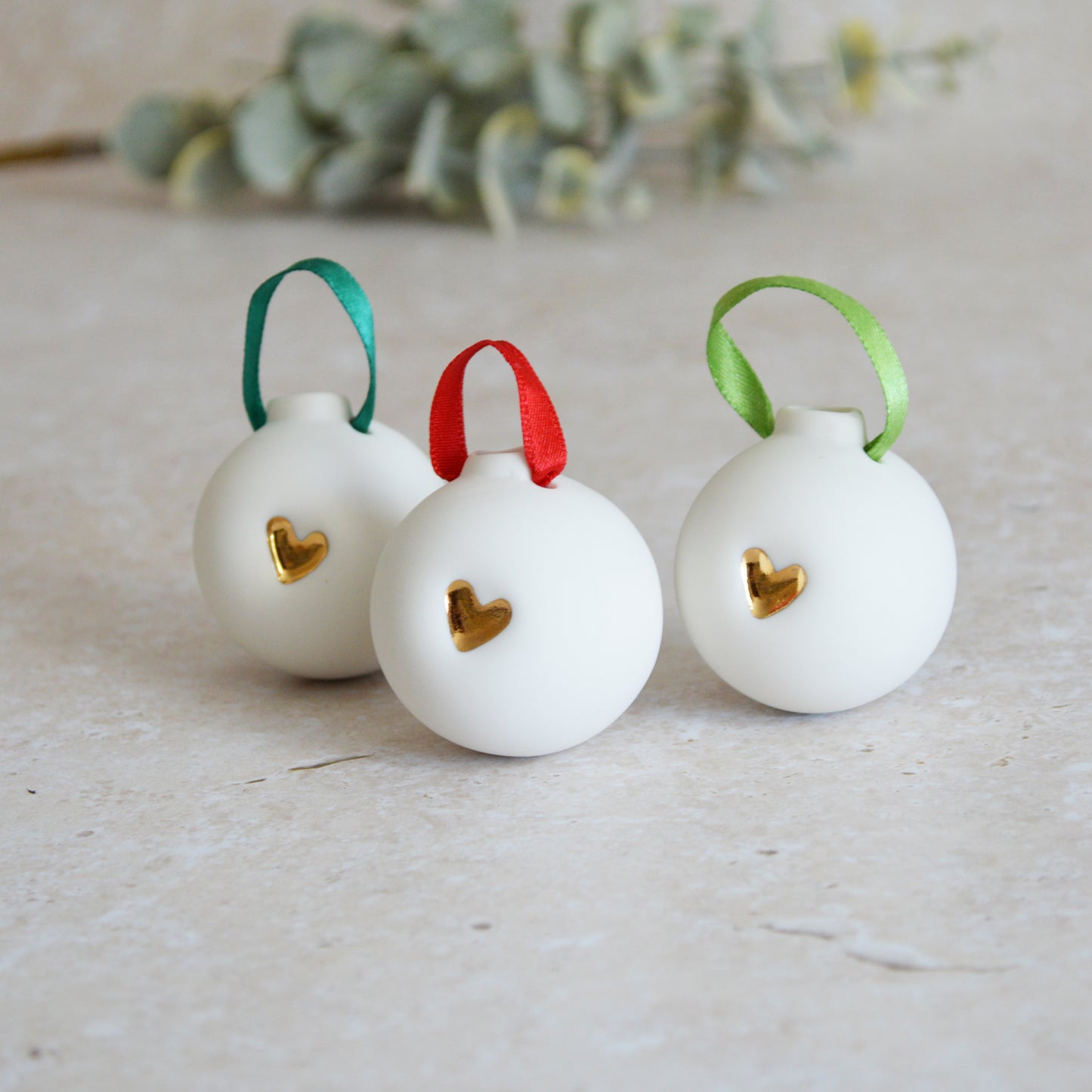 Seconds* Discontinued* Set of Three Porcelain Christmas Bauble With A Gold Embossed Heart | Christmas Decoration | Christmas Tree Decoration (B52)