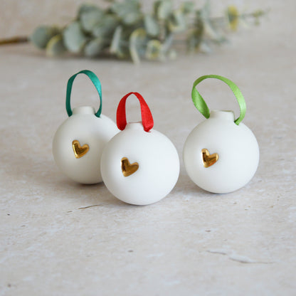 Seconds* Discontinued* Set of Three Porcelain Christmas Bauble With A Gold Embossed Heart | Christmas Decoration | Christmas Tree Decoration (B52)