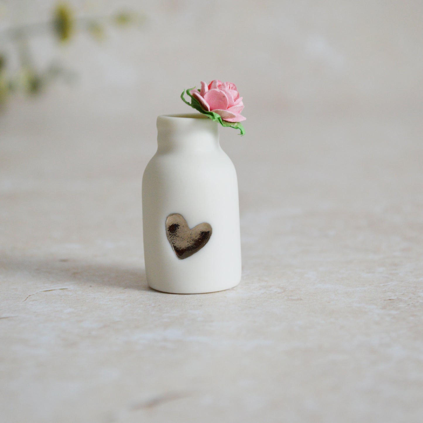Seconds* Mini Bottle with An Embossed Silver Heart and Baby Pink Paper Rose | Valentine's Gifts | Porcelain (B5)