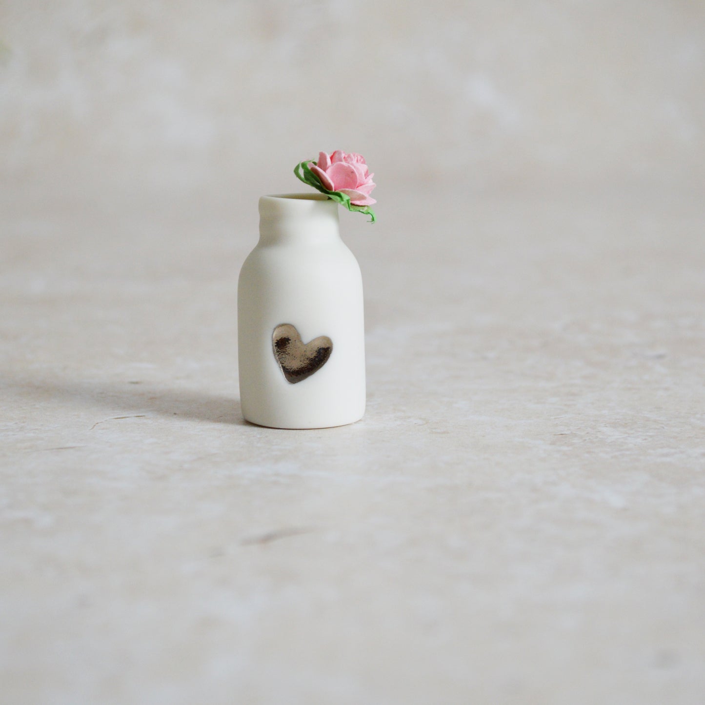 Seconds* Mini Bottle with An Embossed Silver Heart and Baby Pink Paper Rose | Valentine's Gifts | Porcelain (B5)