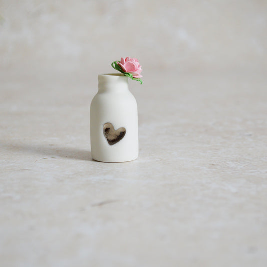 Seconds* Mini Bottle with An Embossed Silver Heart and Baby Pink Paper Rose | Valentine's Gifts | Porcelain (B5)