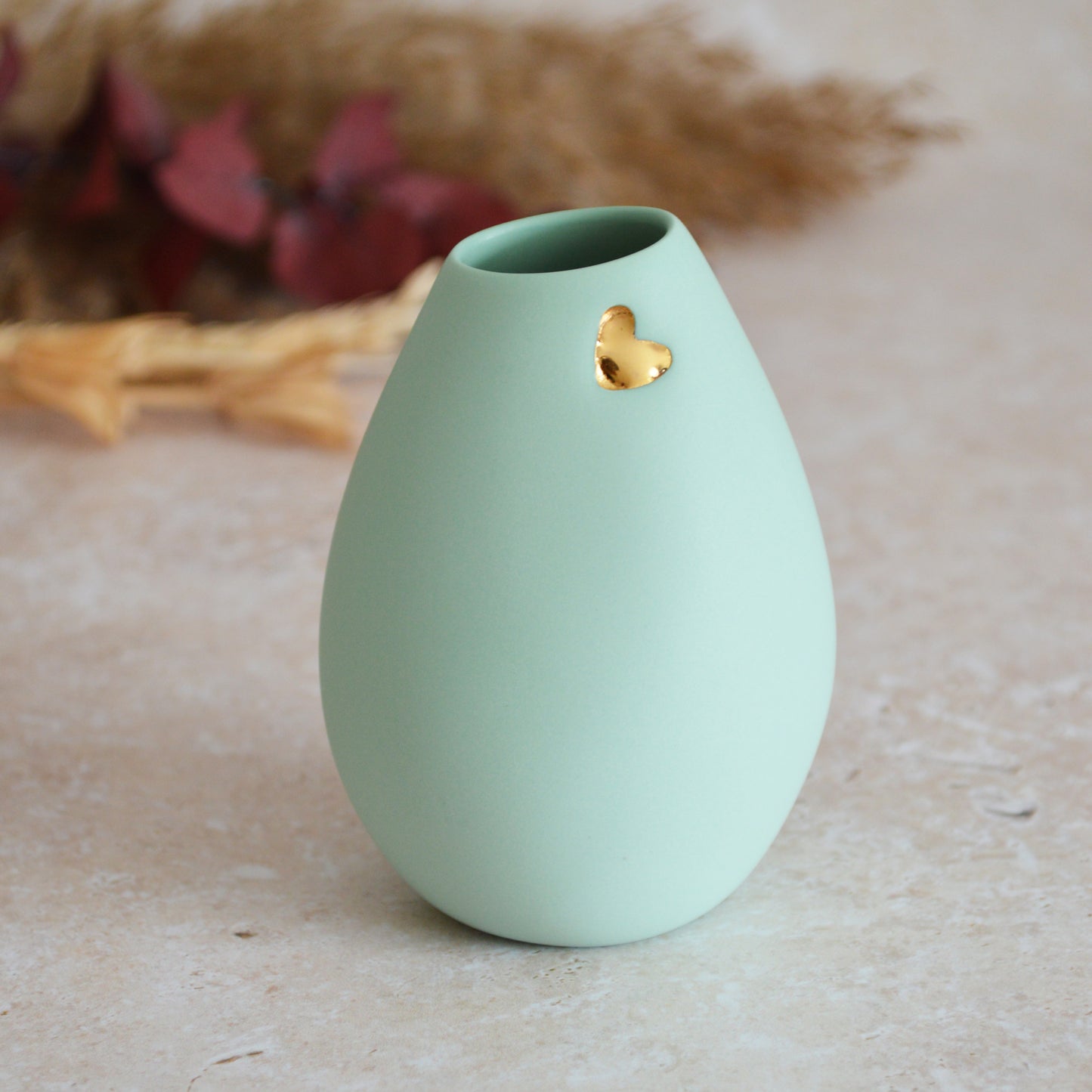 Seconds* Pastel Mint Bud Vase With An Embossed Gold Heart | Spring Vase | Mother's Day Gifts | Porcelain (B61)