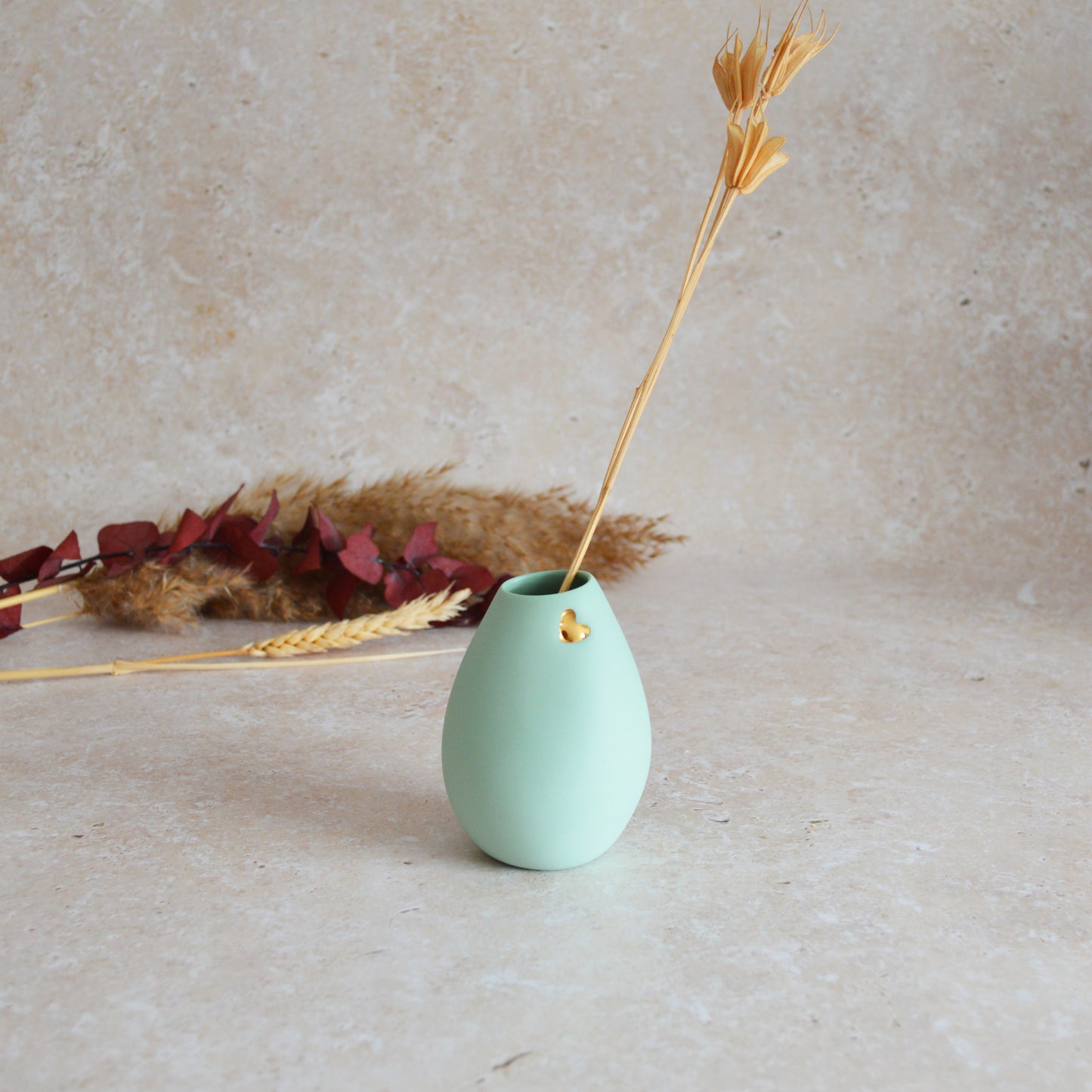 Seconds* Pastel Mint Bud Vase With An Embossed Gold Heart | Spring Vase | Mother's Day Gifts | Porcelain (B61)