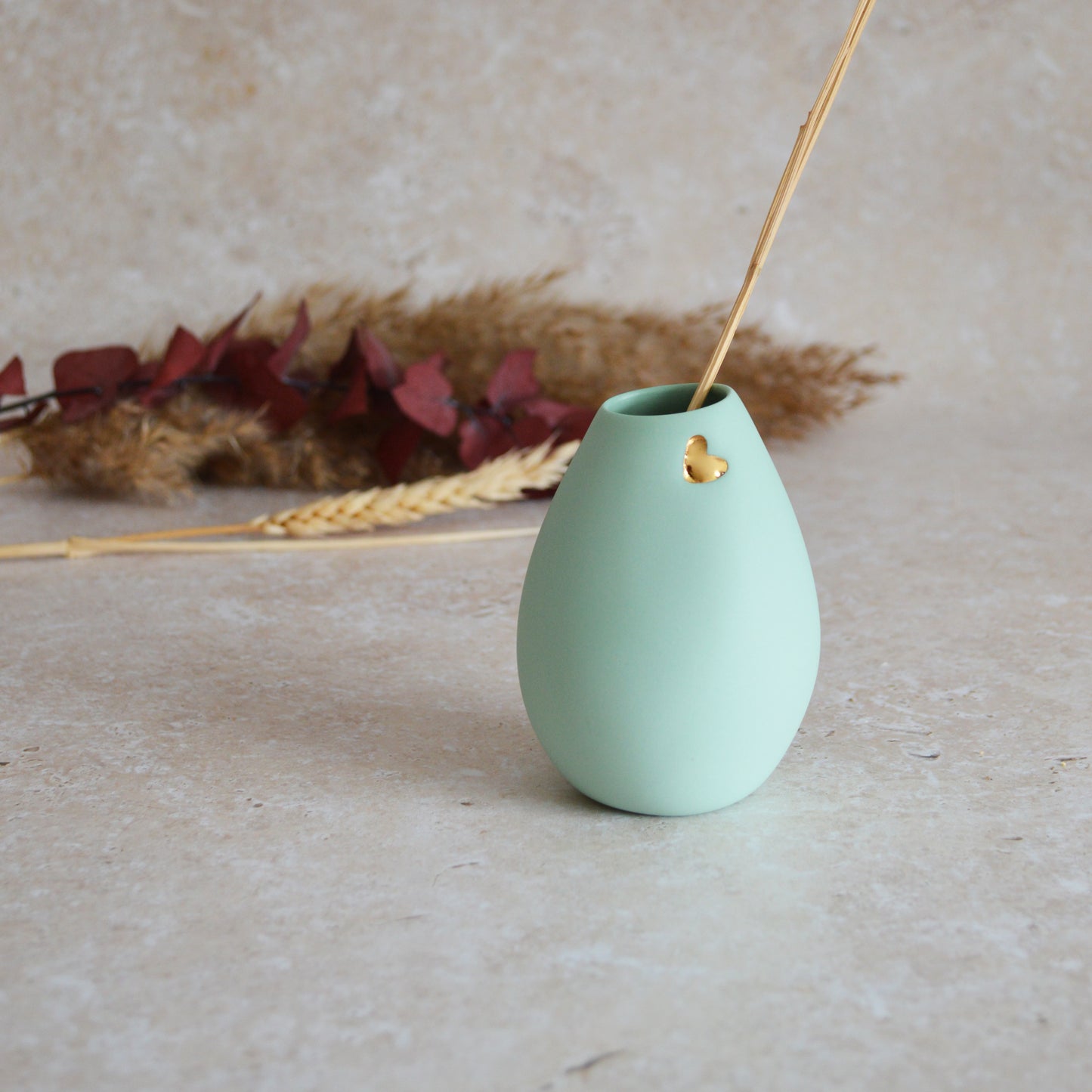 Seconds* Pastel Mint Bud Vase With An Embossed Gold Heart | Spring Vase | Mother's Day Gifts | Porcelain (B61)