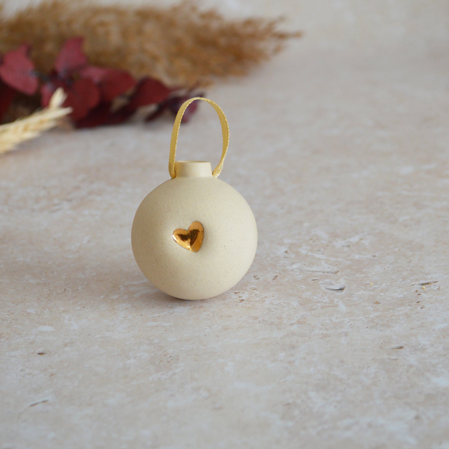 Second* BEIGE Small Pastel Bauble With A Gold Heart | Stoneware | Hanging Christmas Decorations | Christmas Tree Decor (B62)