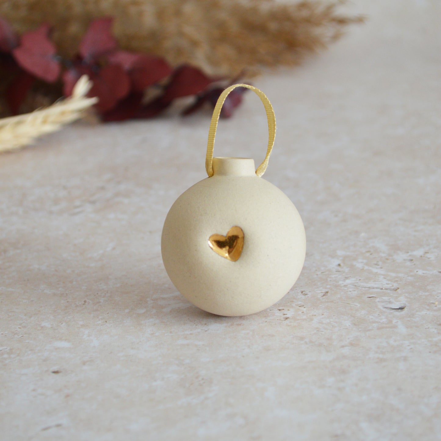Second* BEIGE Small Pastel Bauble With A Gold Heart | Stoneware | Hanging Christmas Decorations | Christmas Tree Decor (B62)