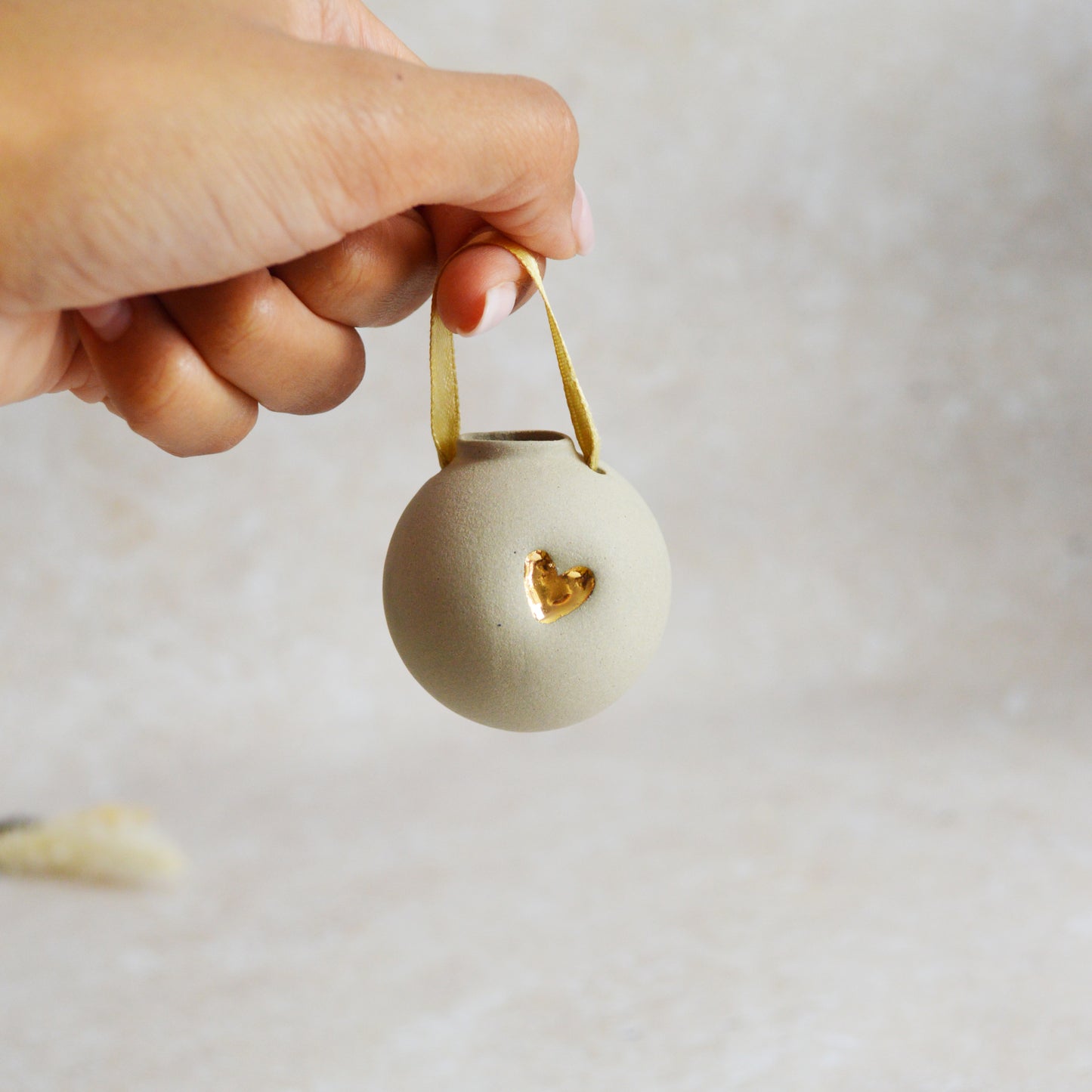 Sample* GREY Small Pastel Bauble With A Gold Heart | Stoneware | Hanging Christmas Decorations | Christmas Tree Decor (B6)